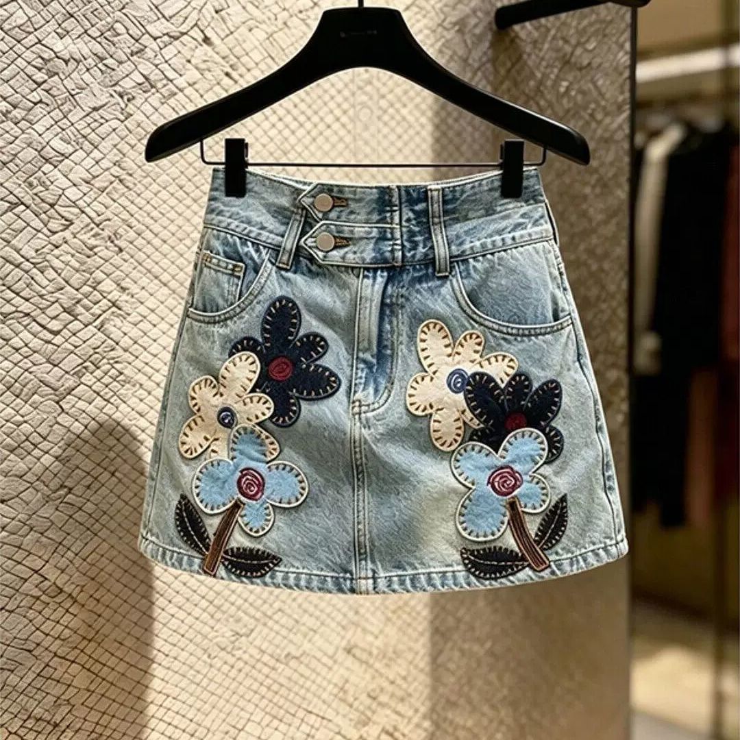 Summer Clothing Looks - 2026年新作夏物 高級感のあるハイウエスト細身アーティスティックフラワー柄韓国ファッションデニムスカート