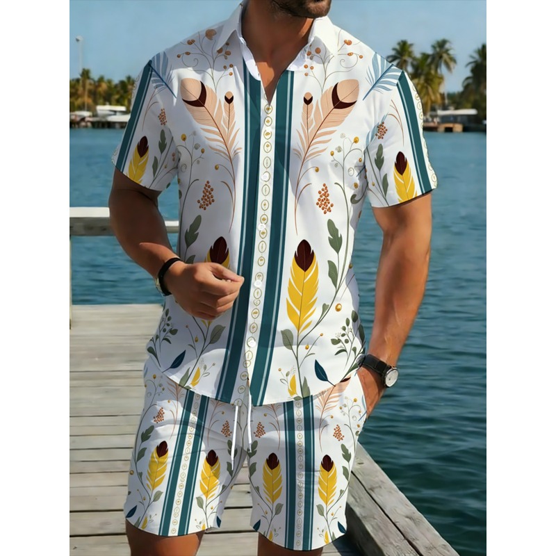 Beach Shirt Hawaiian - メンズ2ピースサマーアウトフィット ハワイアンシャツとショートパンツセット ポリエステル製 軽量 ビーチバケーション用 明るいリーフ柄