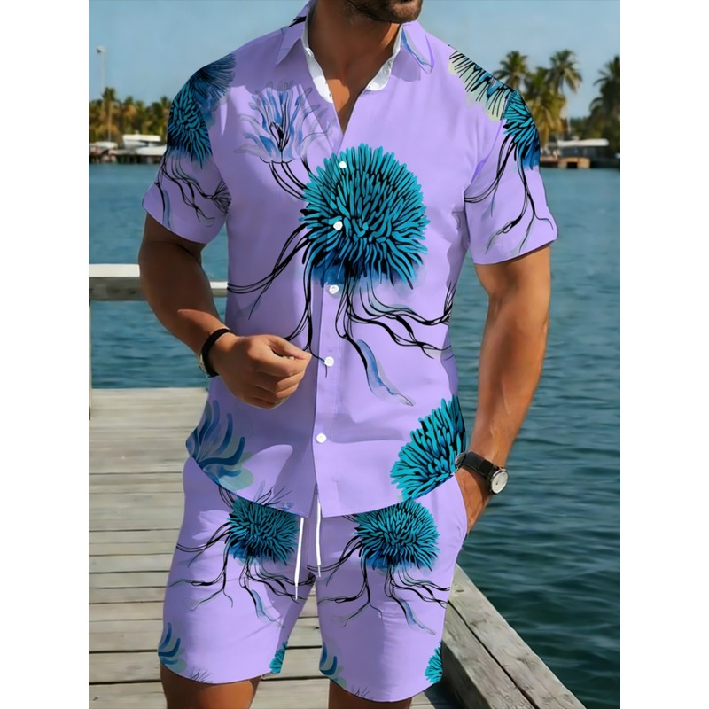 Beach Shirt Hawaiian - メンズハワイアンシャツショーツセット パープルベース ブルー花柄プリント 軽量ポリエステル 通気性 耐久性