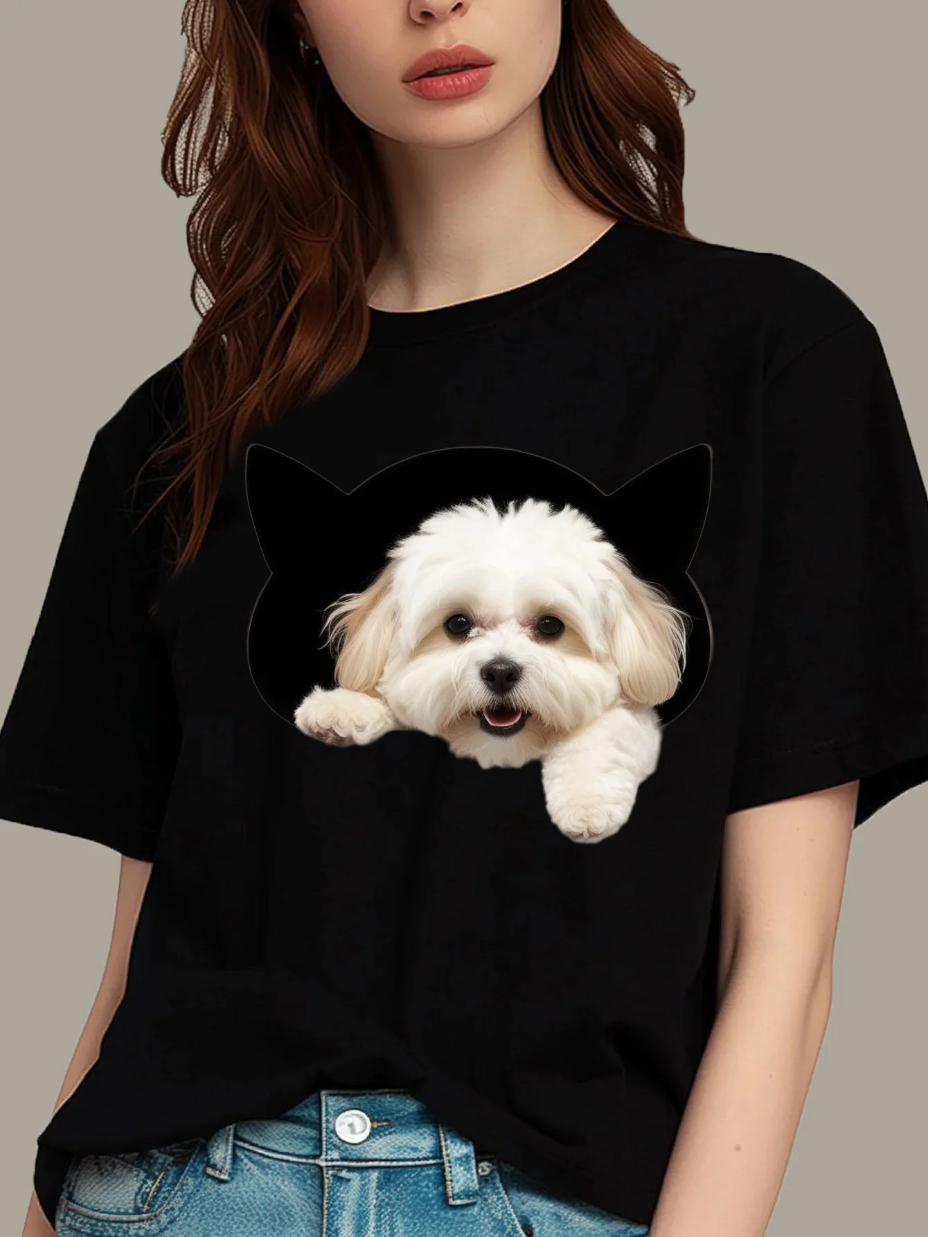 Summer Clothing Looks - 犬プリント 楽しくて陽気な女性半袖ラウンドネック Tシャツ スポーティな外観に最適 アウトドア アクティビティ