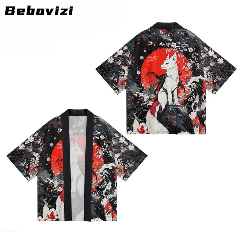 Summer Clothing Men 2025 - オーバーサイズカーディガン浴衣ローブ原宿トップス日本風稲荷狐プリント着物2025夏女性男性羽織