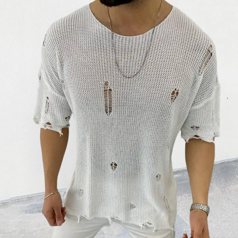 Summer Clothing Men 2025 - 2025 夏の新メンズソリッドカラーセーターラウンドネック半袖中空プルオーバーセータートップシャツ