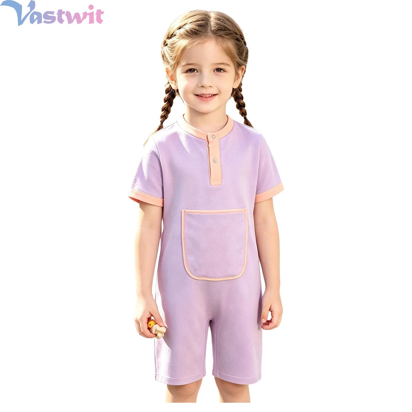 Summer Clothing Needs - 子供用特別支援服、男女兼用、半袖ボディスーツ、プレスボタン式ジャンプスーツ、前ポケットと背面ジッパー付き