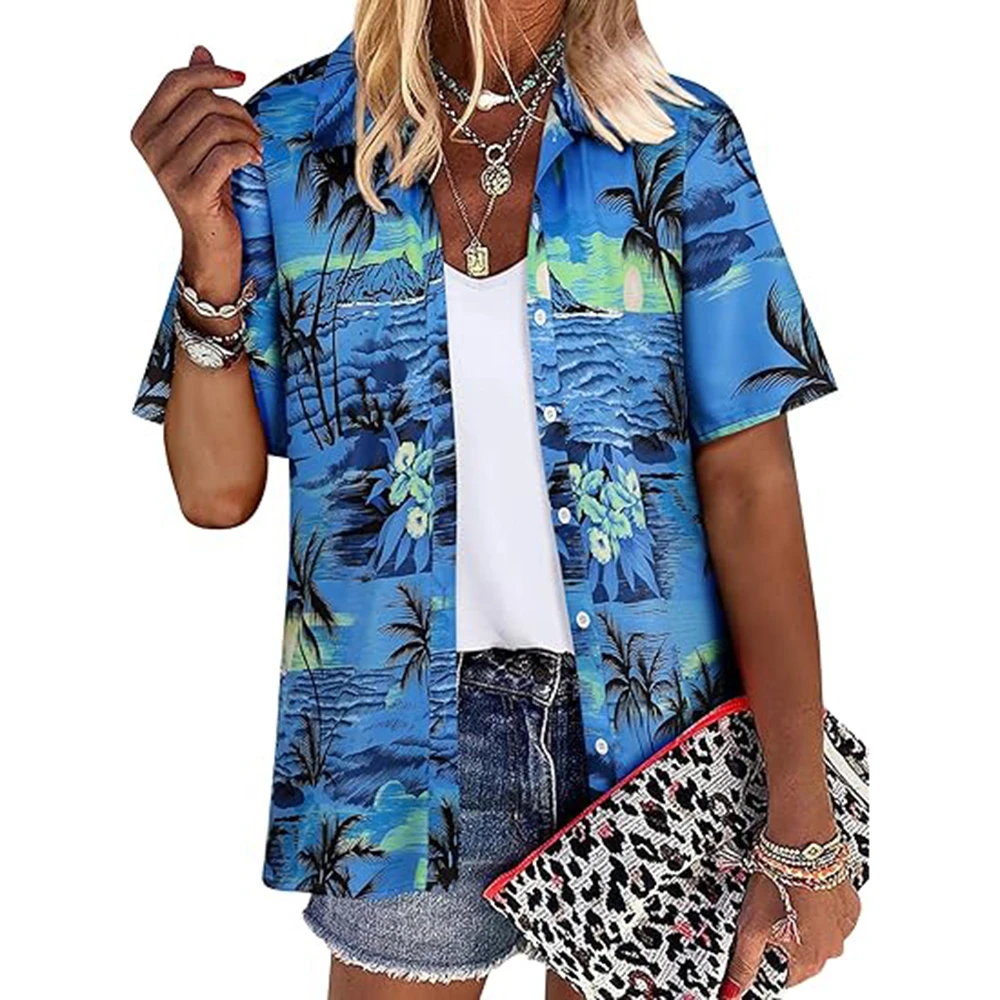 Beach Shirt Hawaiian - ココナッツツリープリント女性の半袖シングルブレストシャツカジュアルハワイアンスタイル半袖トップラペルボタンシャツ夏