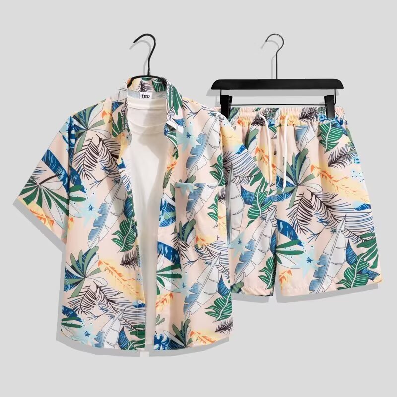 Beach Shirt Hawaiian - ハワイアンスタイルシャツセット メンズ 夏用 ルーズフィット 半袖ショートパンツセット、ファッショントレンド ビーチフローラル