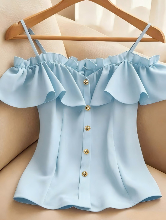 Summer Clothing Looks - 韓国シックな外観若々しいスラッシュネックスリムブラウス女性の夏エレガントなオールマッチフリルシャツ女性の豪華なオフィス服