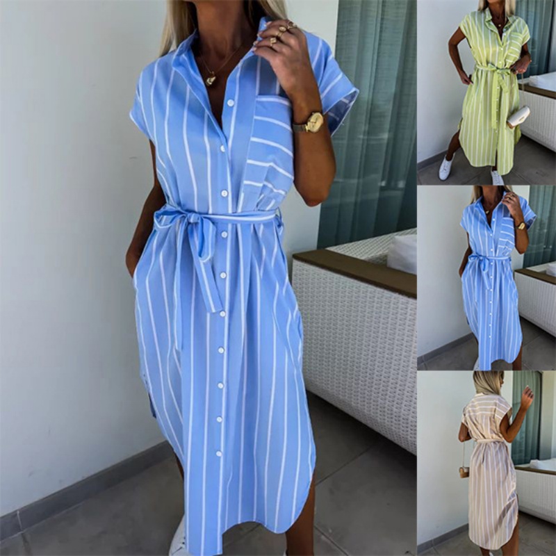 Summer Clothing Looks - 女性用半袖ストライプシャツドレスボタンダウンベルト付きウエストカジュアルシックなルックに最適ストリートウェア服