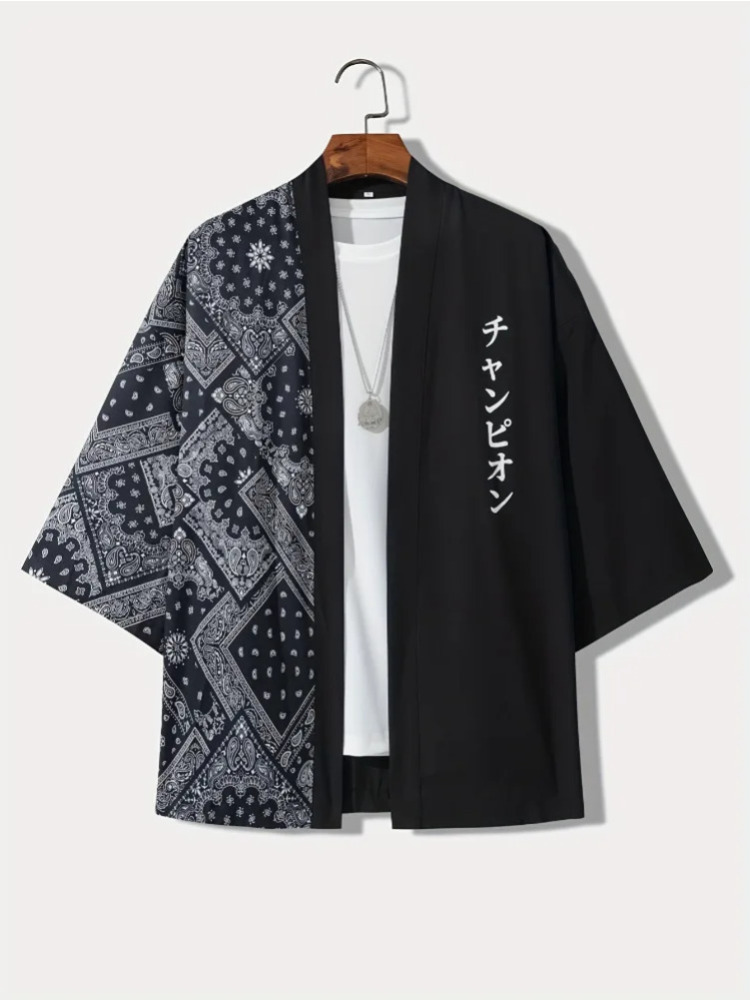 Summer Clothing Resort - メンズカジュアル着物風和風プリントルーズフィット前開きシャツ 夏のバケーションリゾート写真撮影用大人服