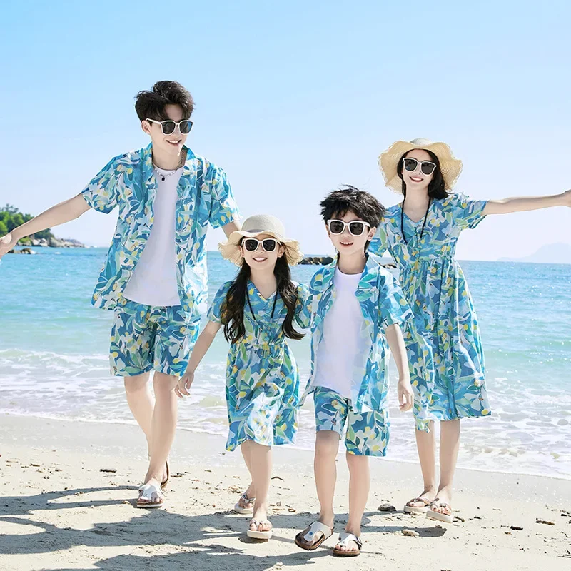Summer Clothing Looks - 父息子シャツセット服夏休みルック家族服母親子マッチングビーチカップル娘同じドレス