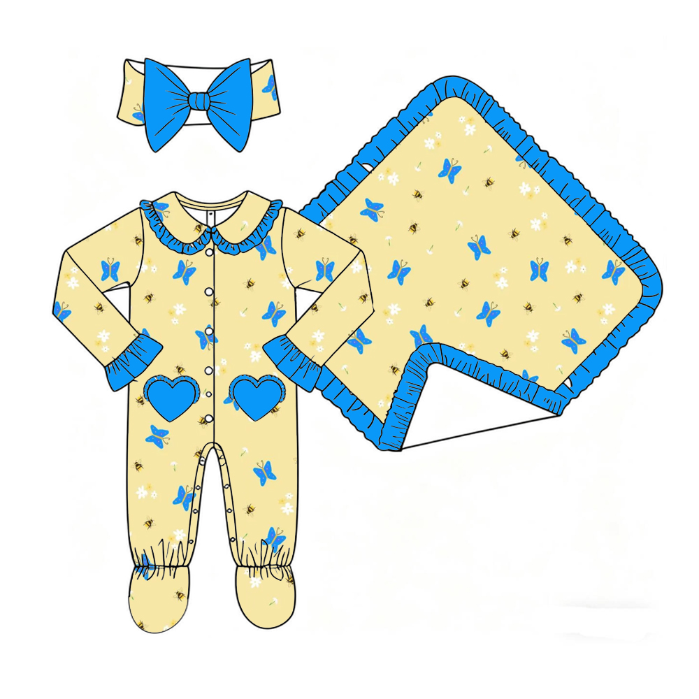 Summer Clothing Boutiques - ブティック子供服セット ベビー服3点セット 長袖ジャンプスーツ ブランケット リボンヘッドウェア 花柄レモンプリント