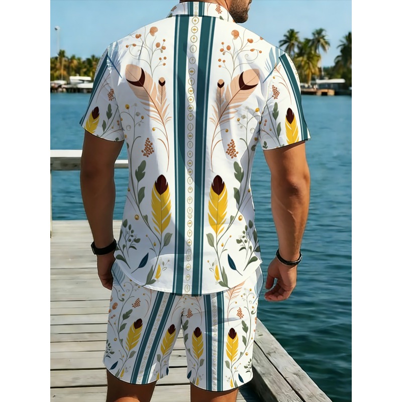 メンズ2ピースサマーアウトフィット ハワイアンシャツとショー - Beach Shirt Hawaiian のレビューと価格