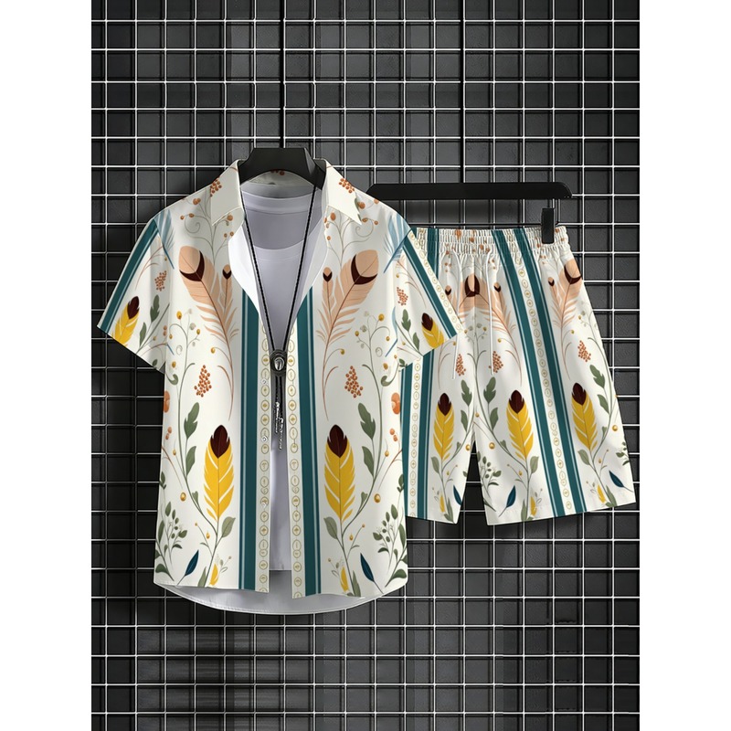 メンズ2ピースサマーアウトフィット ハワイアンシャツとショー - Beach Shirt Hawaiian のレビューと価格