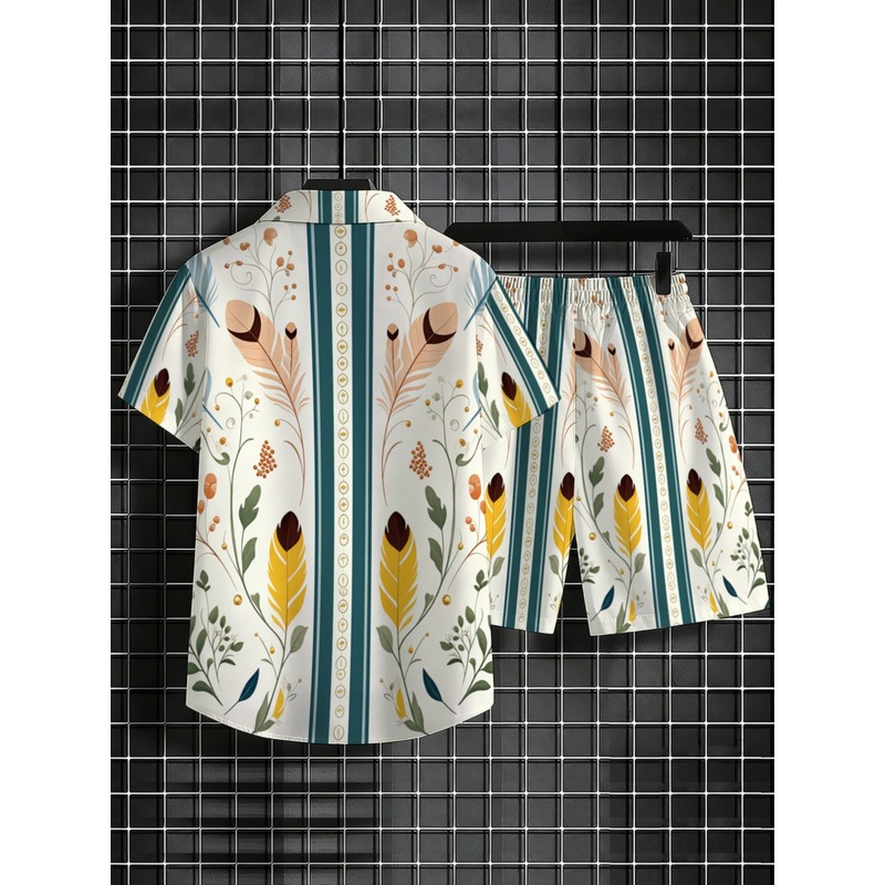メンズ2ピースサマーアウトフィット ハワイアンシャツとショー - Beach Shirt Hawaiian のレビューと価格