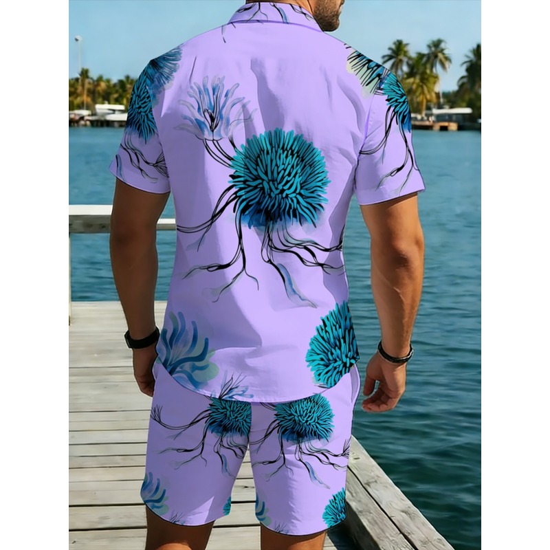 メンズハワイアンシャツショーツセット パープルベース ブルー - Beach Shirt Hawaiian のレビューと価格