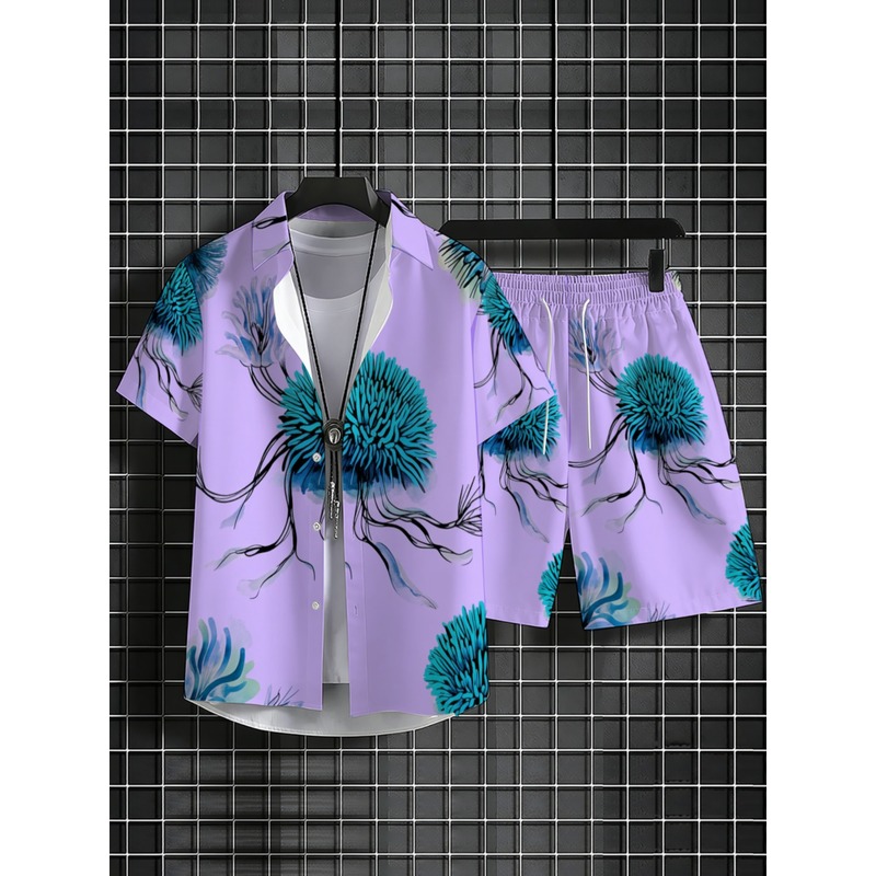 メンズハワイアンシャツショーツセット パープルベース ブルー - Beach Shirt Hawaiian のレビューと価格