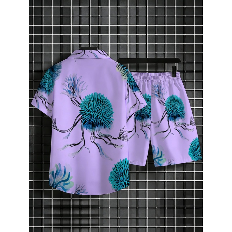 メンズハワイアンシャツショーツセット パープルベース ブルー - Beach Shirt Hawaiian のレビューと価格
