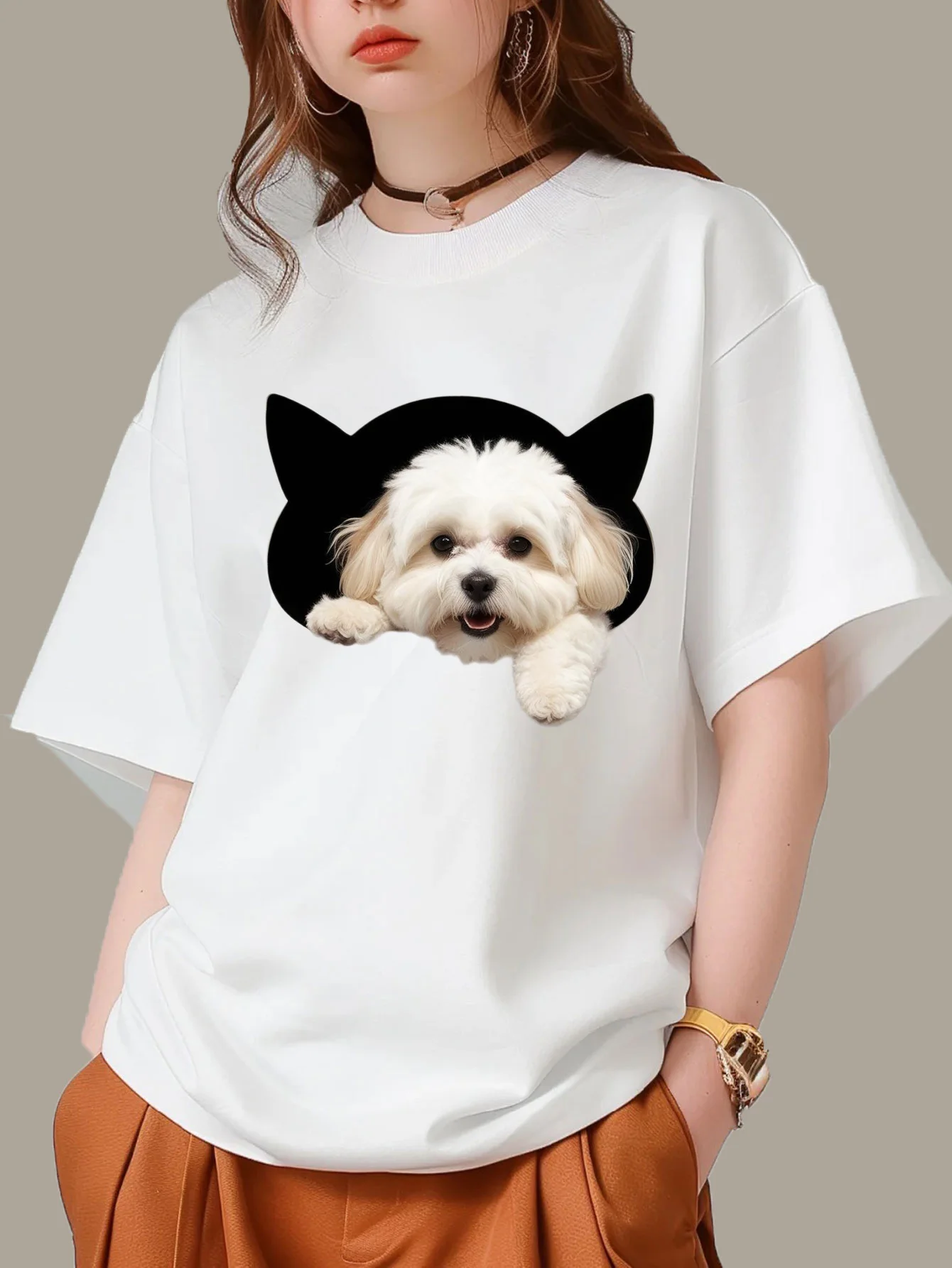 犬プリント 楽しくて陽気な女性半袖ラウンドネック Tシャツ  - Summer Clothing Looks のレビューと価格