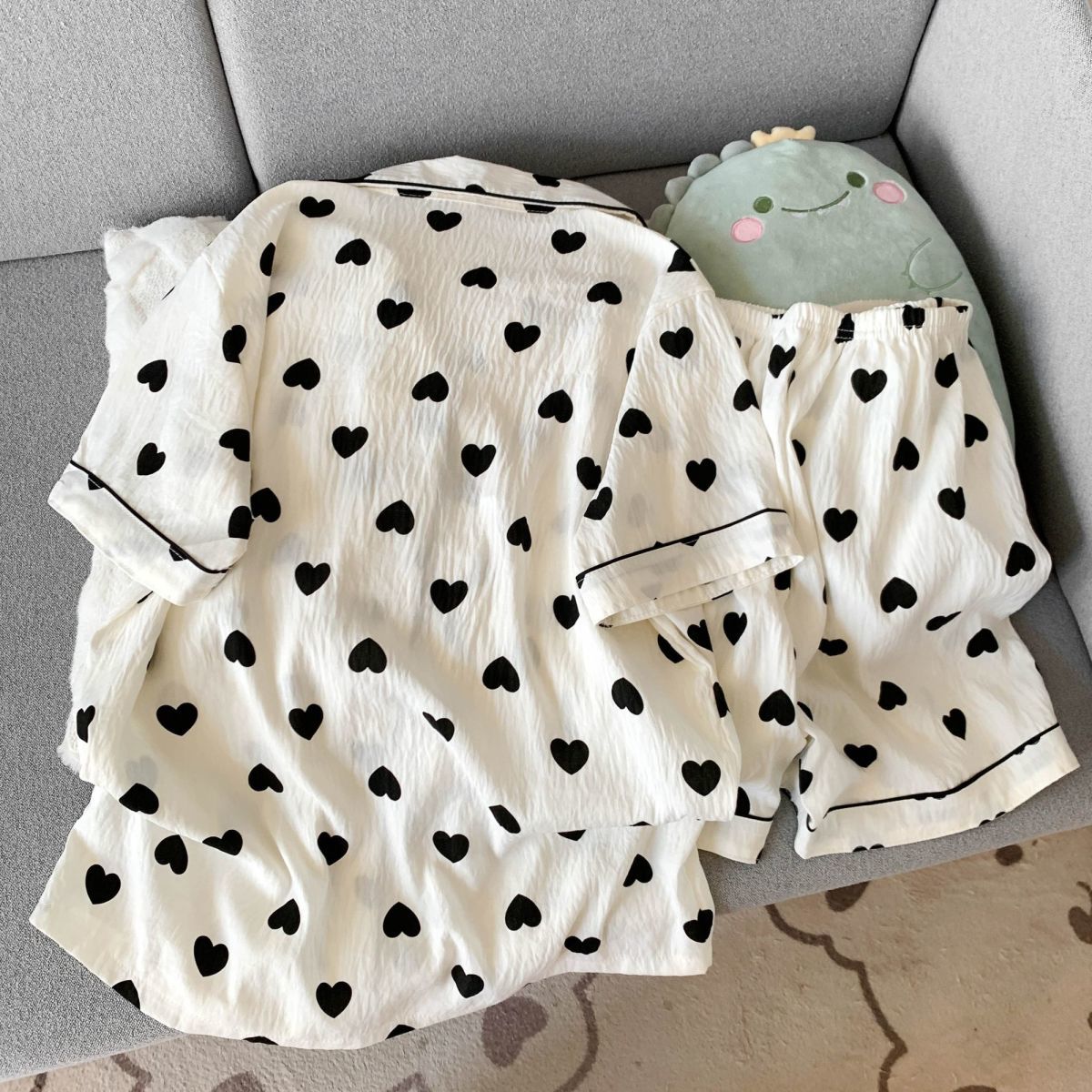 女性用夏用薄手パジャマ ハート柄 半袖ショートパンツ 甘くて - Summer Clothing For Petite Women のレビューと価格