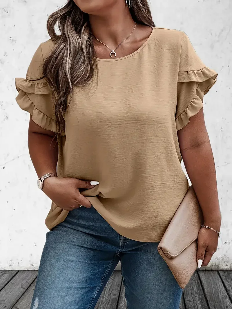 春夏の女性のプラスサイズ 1XL-5XL フリルトリム Tシ - Summer Clothing Colors のレビューと価格