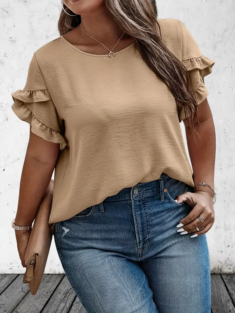 春夏の女性のプラスサイズ 1XL-5XL フリルトリム Tシ - Summer Clothing Colors のレビューと価格