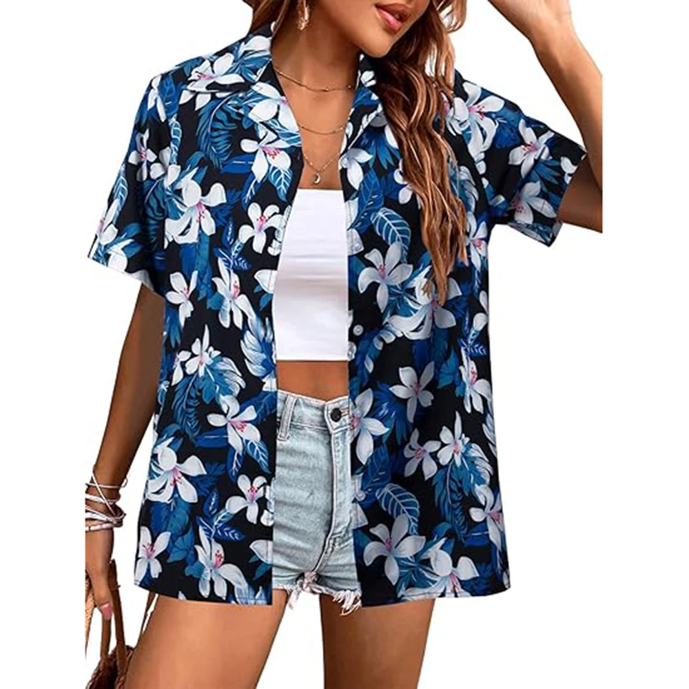 ココナッツツリープリント女性の半袖シングルブレストシャツカジ - Beach Shirt Hawaiian のレビューと価格