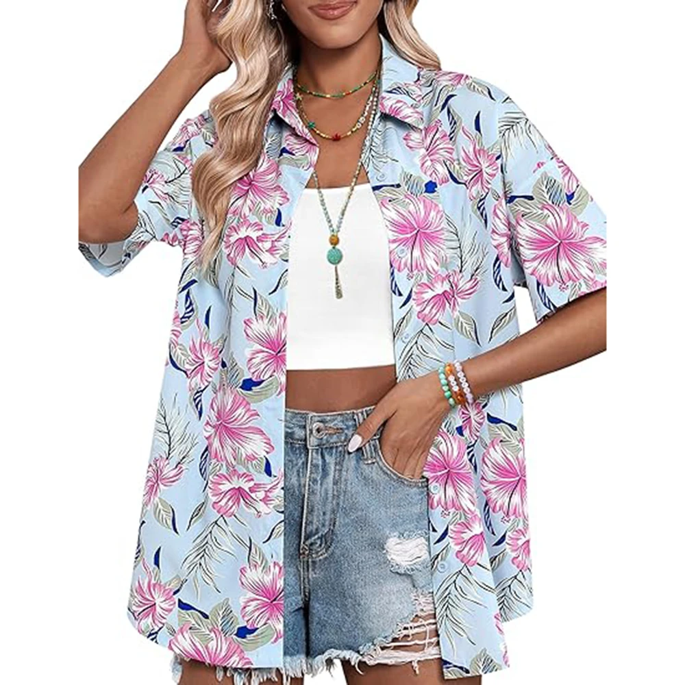 ココナッツツリープリント女性の半袖シングルブレストシャツカジ - Beach Shirt Hawaiian のレビューと価格