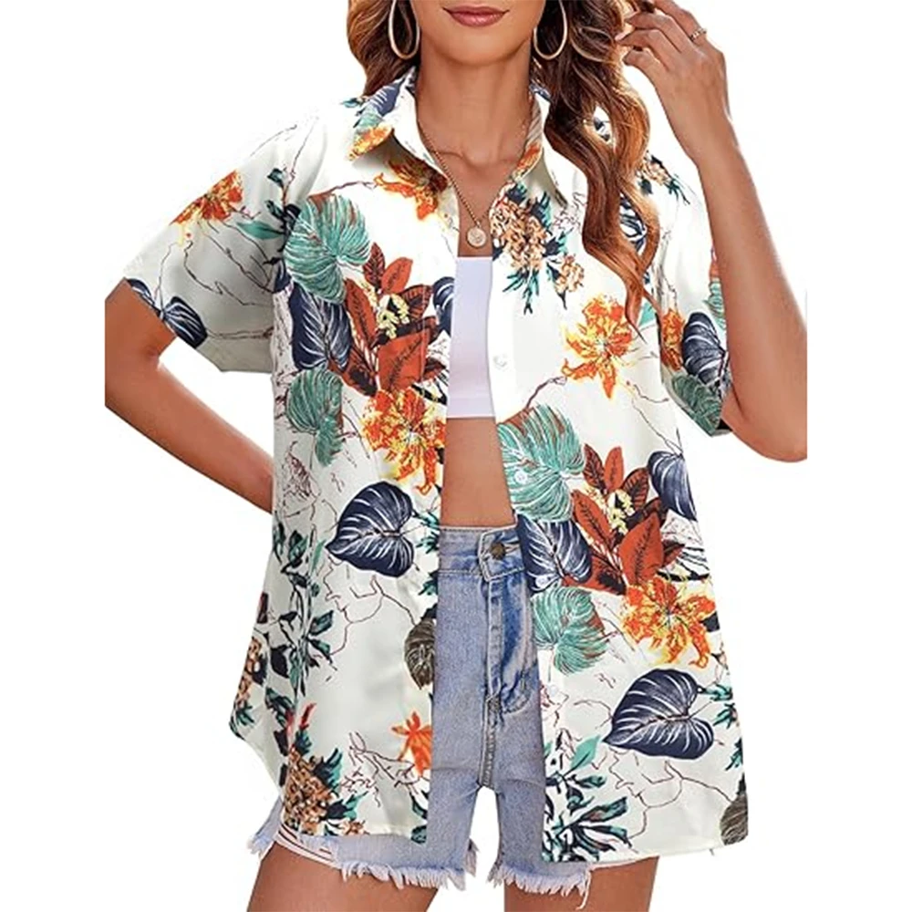 ココナッツツリープリント女性の半袖シングルブレストシャツカジ - Beach Shirt Hawaiian のレビューと価格