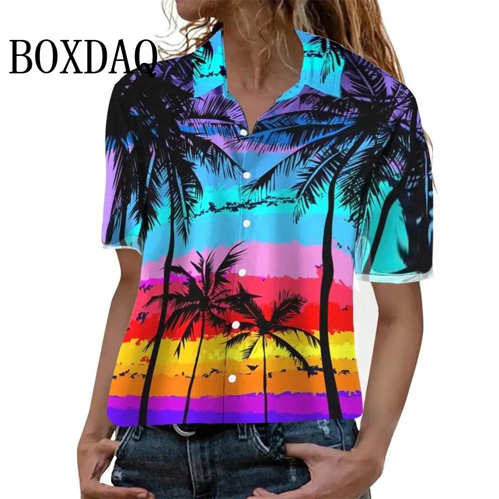 夏のファッションの女性のブラウス芸術的なハワイのヤシの木プリ - Beach Shirt Hawaiian のレビューと価格
