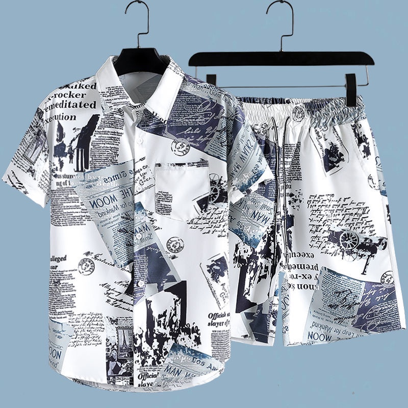 メンズ新聞柄プリント2ピースセット 半袖ボタンカラーシャツ  - Beach Shirt Hawaiian のレビューと価格