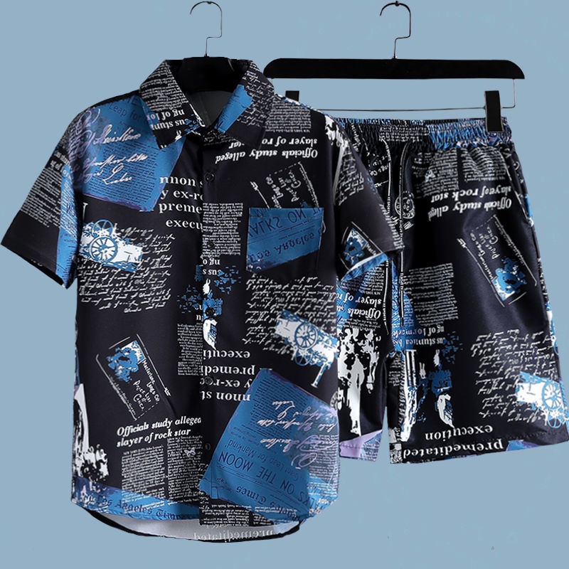 メンズ新聞柄プリント2ピースセット 半袖ボタンカラーシャツ  - Beach Shirt Hawaiian のレビューと価格