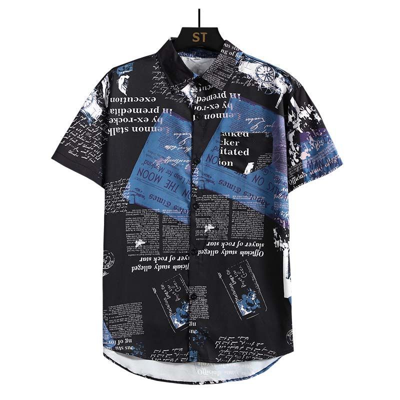メンズ新聞柄プリント2ピースセット 半袖ボタンカラーシャツ  - Beach Shirt Hawaiian のレビューと価格