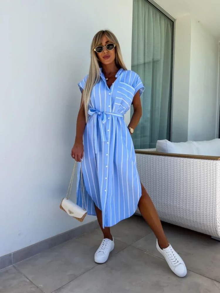 女性用半袖ストライプシャツドレスボタンダウンベルト付きウエス - Summer Clothing Looks のレビューと価格