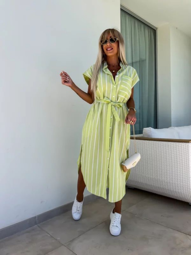 女性用半袖ストライプシャツドレスボタンダウンベルト付きウエス - Summer Clothing Looks のレビューと価格