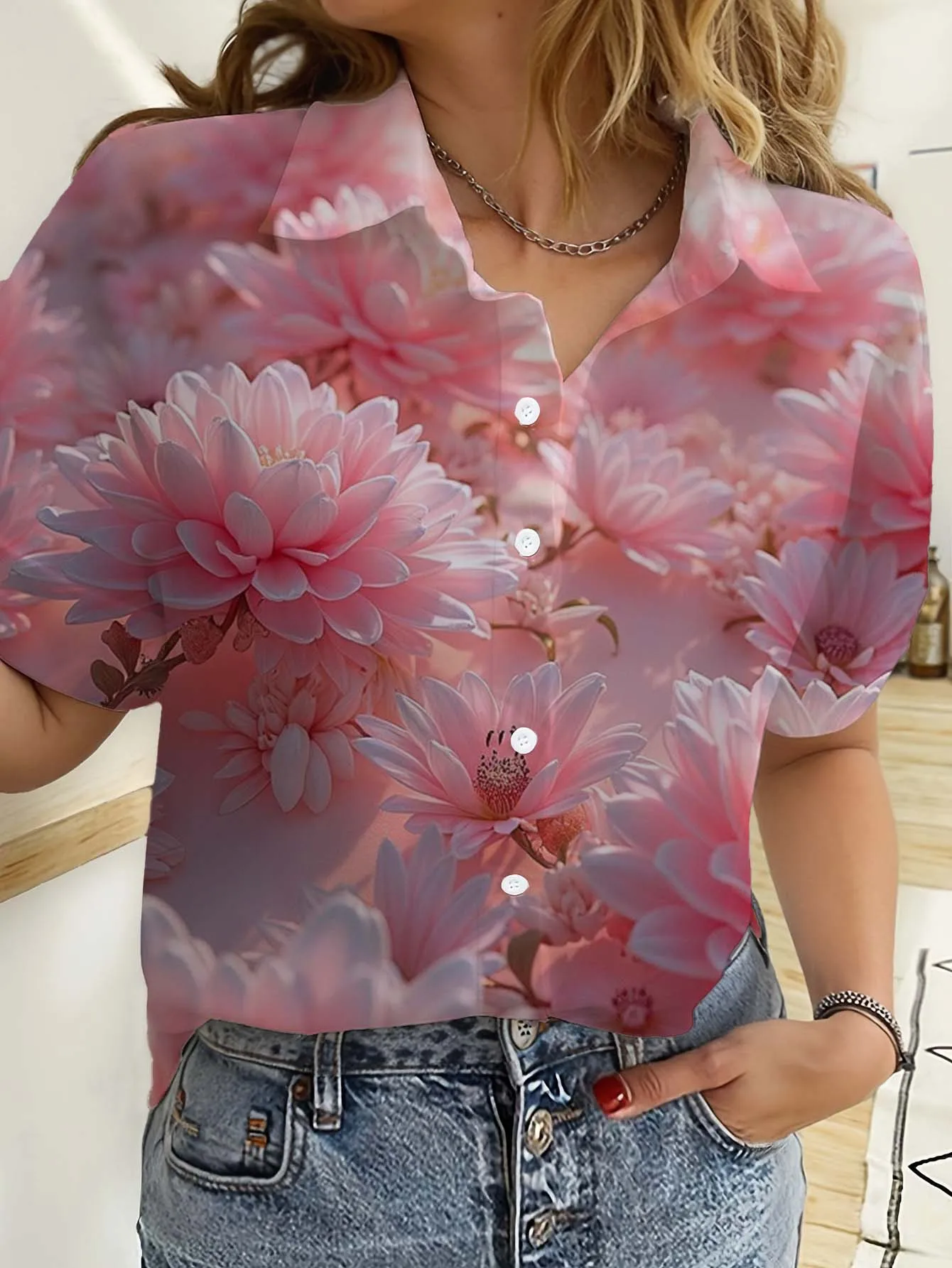 ハワイアンレディースシャツ半袖ボタン花ローズプリントトップス - Beach Shirt Hawaiian のレビューと価格