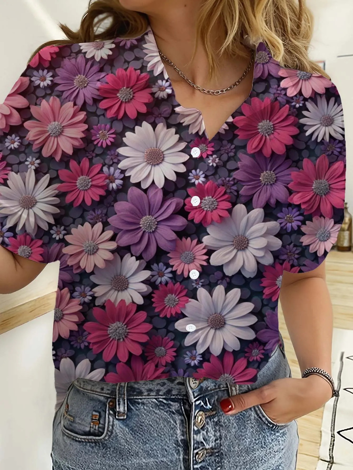 ハワイアンレディースシャツ半袖ボタン花ローズプリントトップス - Beach Shirt Hawaiian のレビューと価格