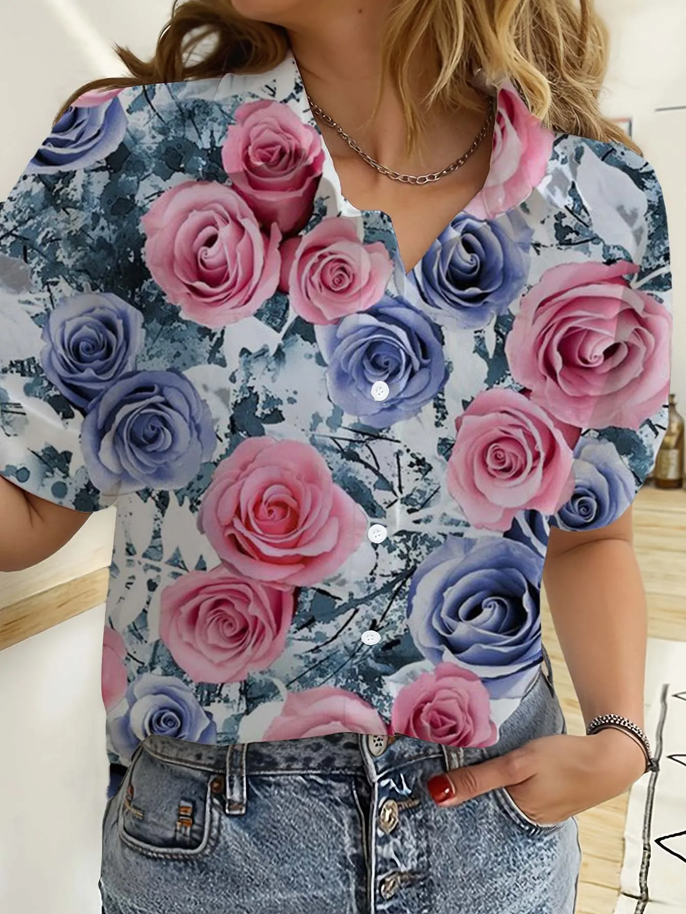 ハワイアンレディースシャツ半袖ボタン花ローズプリントトップス - Beach Shirt Hawaiian のレビューと価格